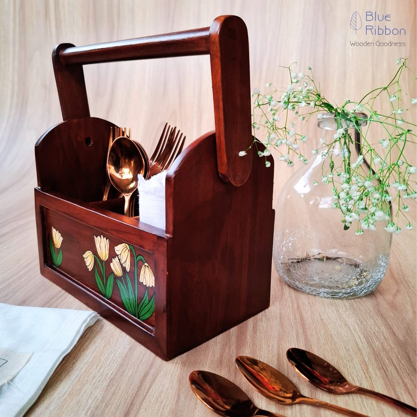 TULIP CHARM WOODEN CUTLERY CADDY