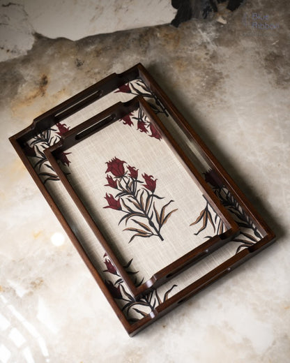WOODEN FLOWER FABRIC TRAYS- Set of 3