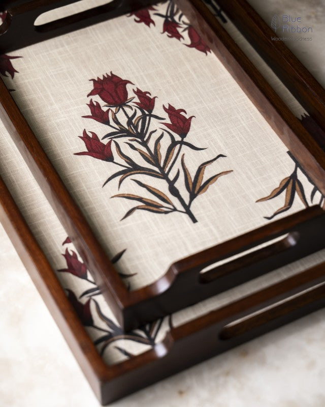 WOODEN FLOWER FABRIC TRAYS- Set of 3