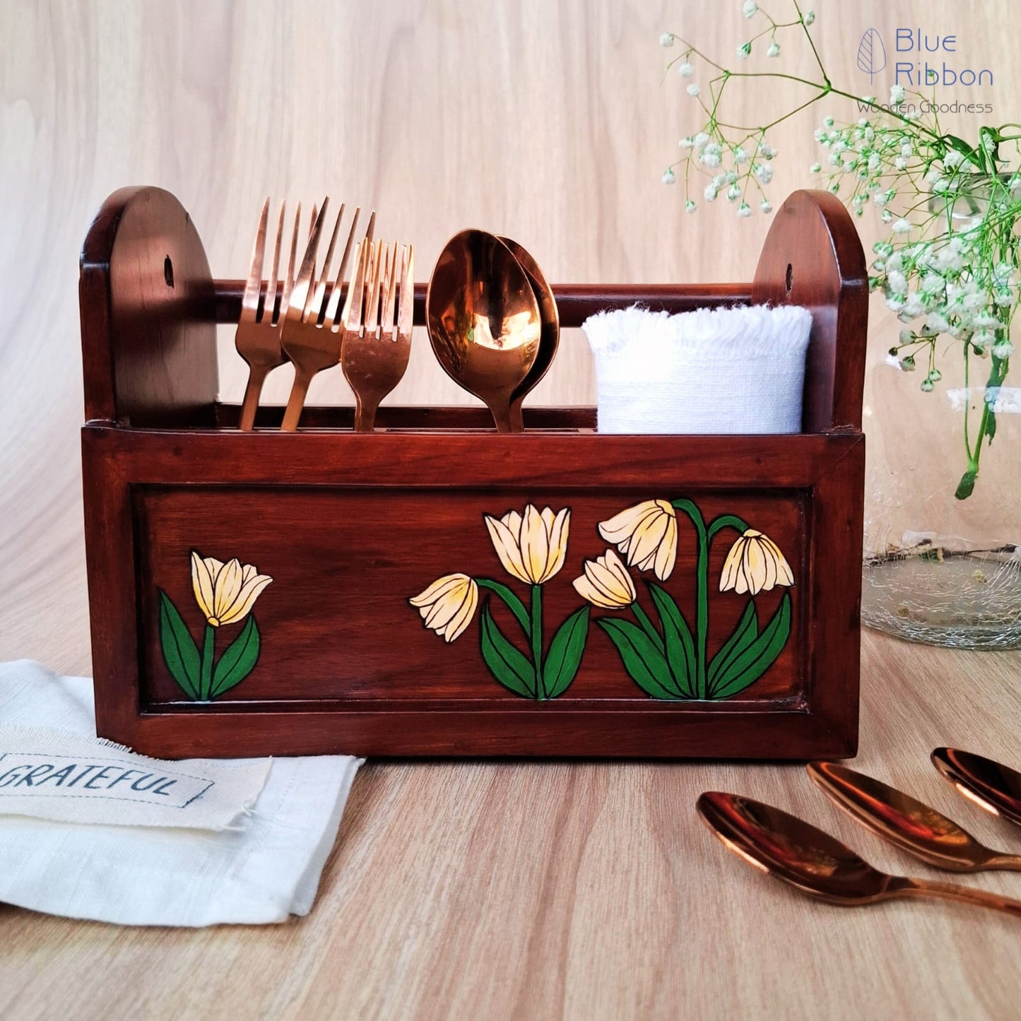 TULIP CHARM WOODEN CUTLERY CADDY