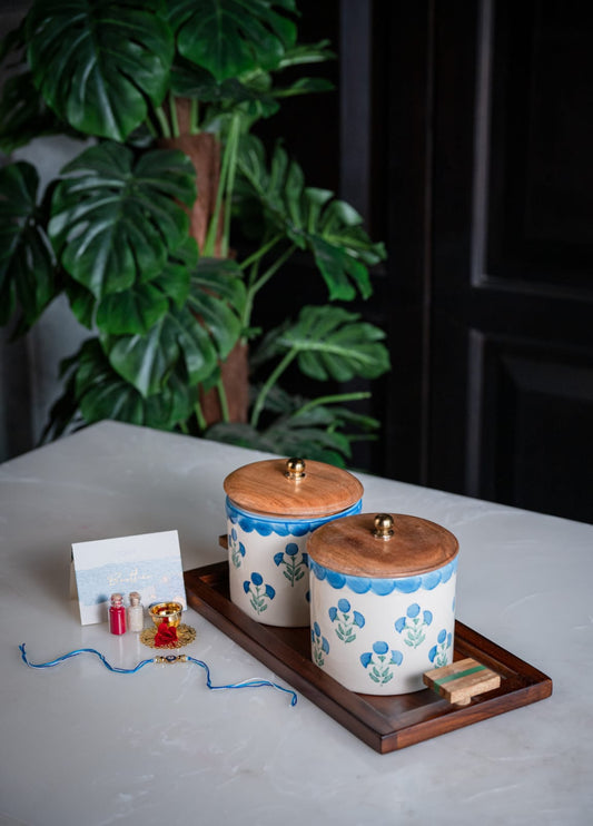 BLUE BLOSSOMS JAR & TRAY COMBO- RAKHI EDITION