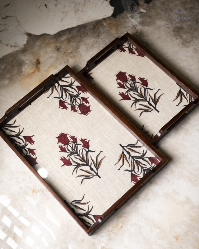 WOODEN FLOWER FABRIC TRAYS- Set of 3