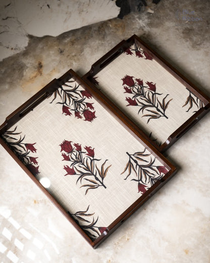 WOODEN FLOWER FABRIC TRAYS- Set of 3